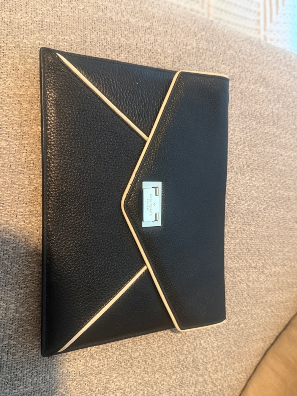 kate spade Black Pebbled Envelope Clutch with Cream Trim